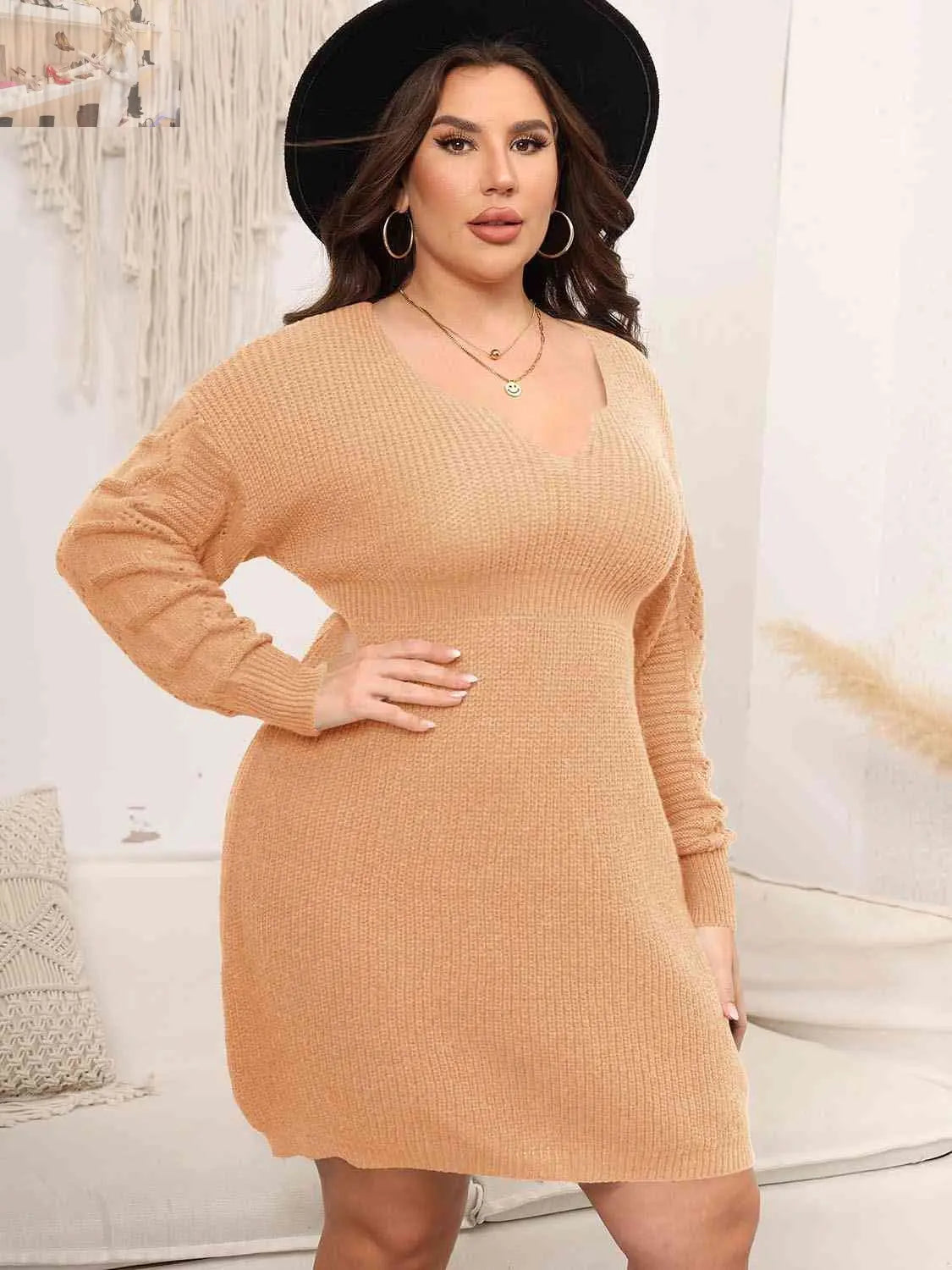 Plus Size Dropped Shoulder Long Sleeve Knit Mini Dress - MegaSuperStar