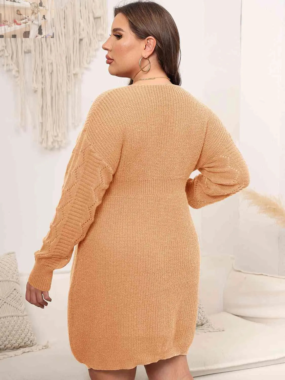 Plus Size Dropped Shoulder Long Sleeve Knit Mini Dress - MegaSuperStar