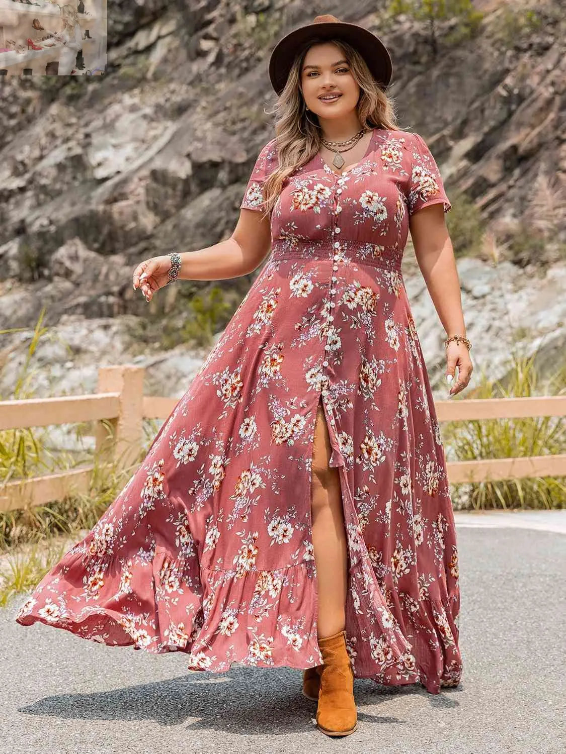 Plus Size Floral Slit Ruffle Hem Dress - MegaSuperStar