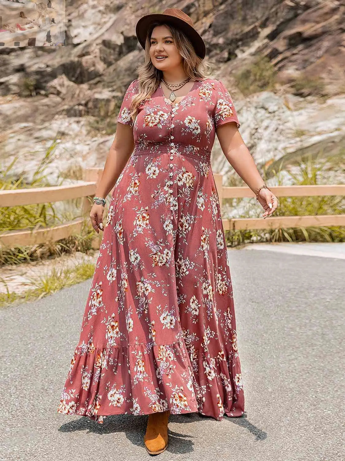 Plus Size Floral Slit Ruffle Hem Dress - MegaSuperStar