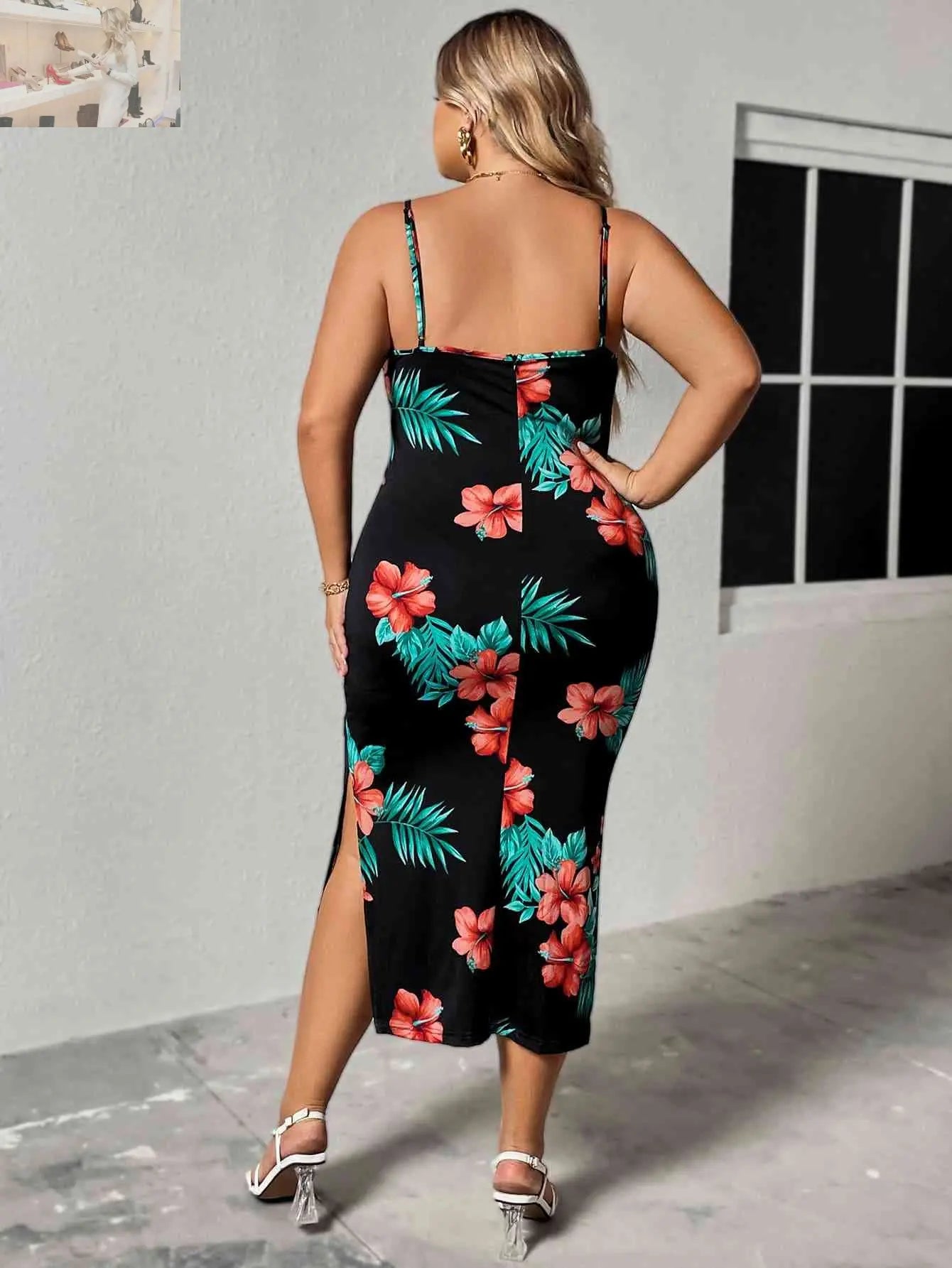 Plus Size Floral Spaghetti Strap Ruffled Slit Dress - MegaSuperStar