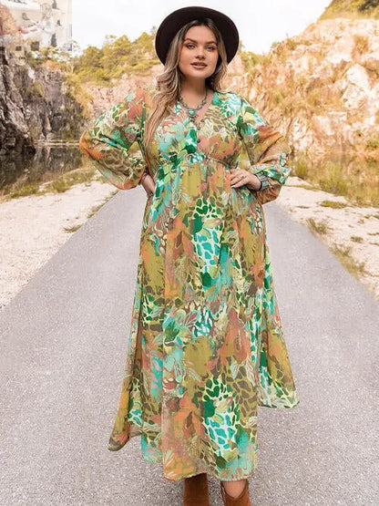 Plus Size Floral V-Neck Long Sleeve Dress - MegaSuperStar