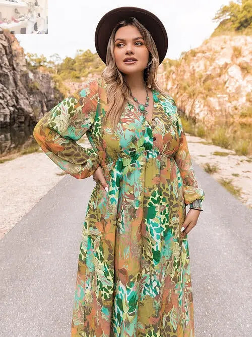 Plus Size Floral V-Neck Long Sleeve Dress - MegaSuperStar