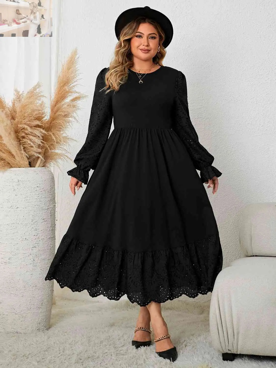 Plus Size Flounce Sleeve Lace Detail Dress - MegaSuperStar