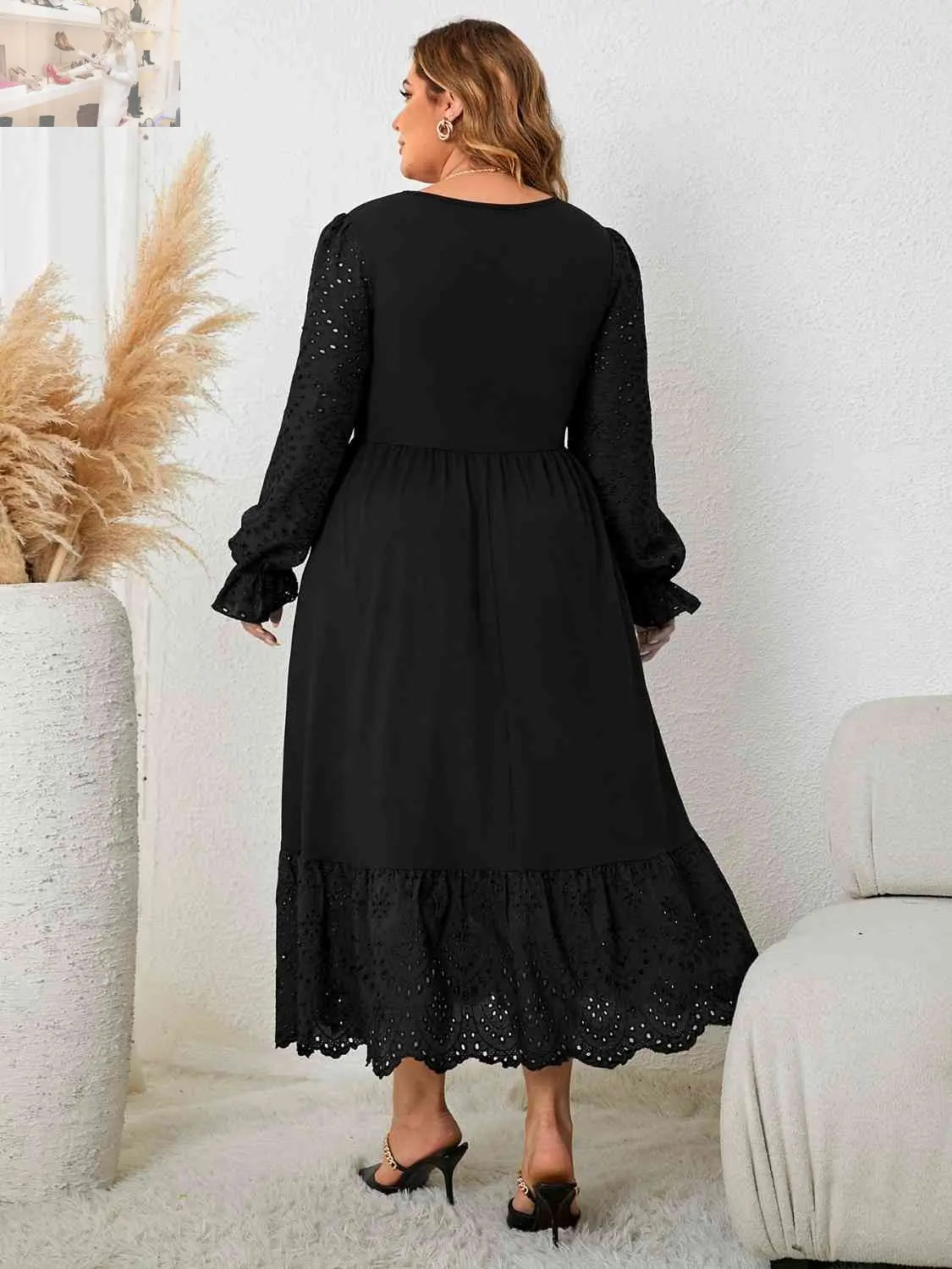 Plus Size Flounce Sleeve Lace Detail Dress - MegaSuperStar