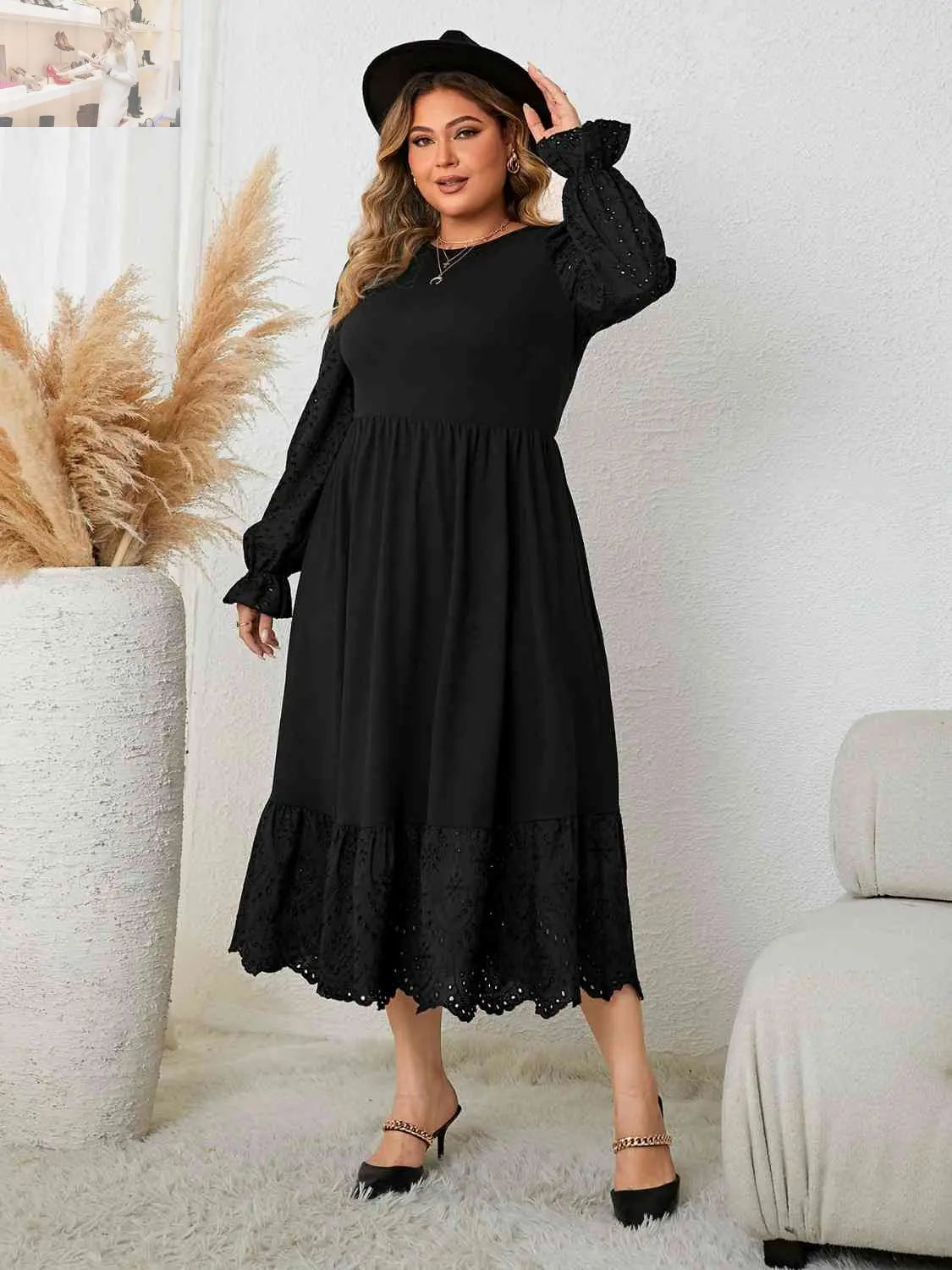 Plus Size Flounce Sleeve Lace Detail Dress - MegaSuperStar