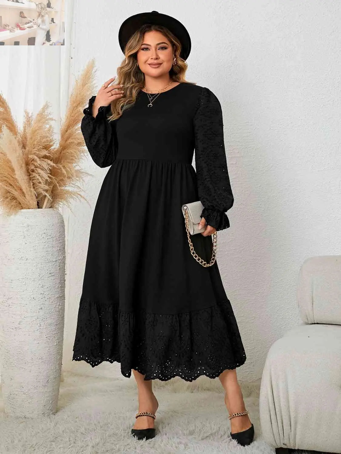 Plus Size Flounce Sleeve Lace Detail Dress - MegaSuperStar