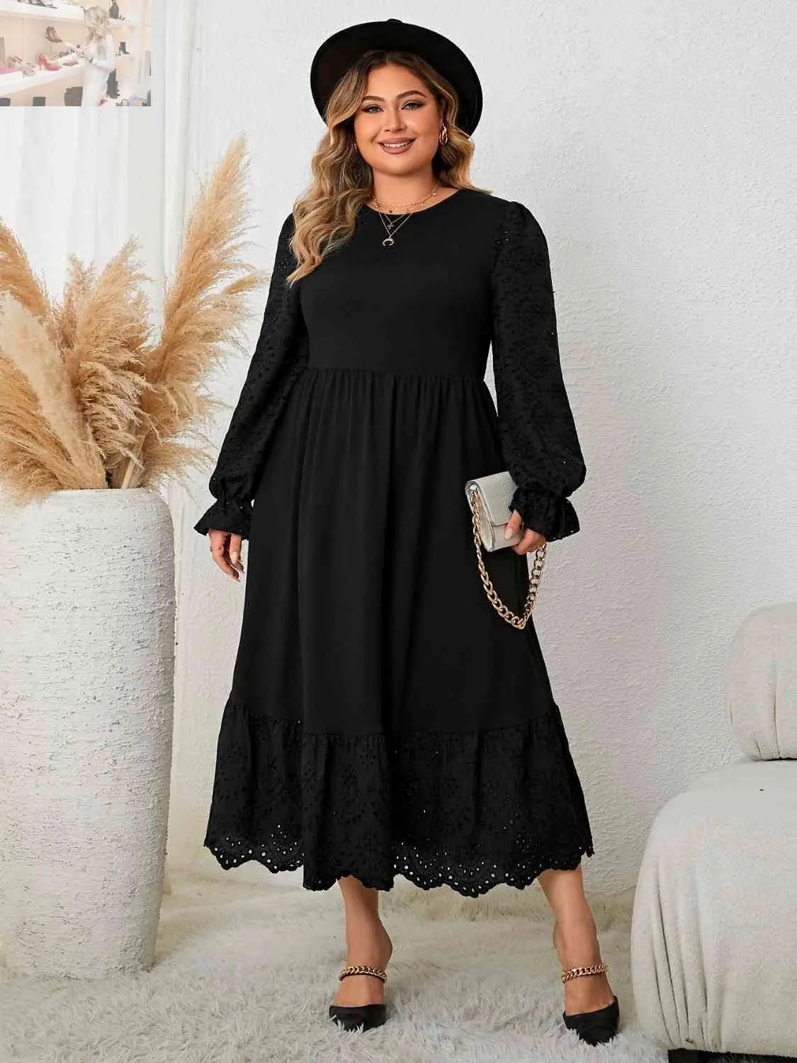 Plus Size Flounce Sleeve Lace Detail Dress - MegaSuperStar