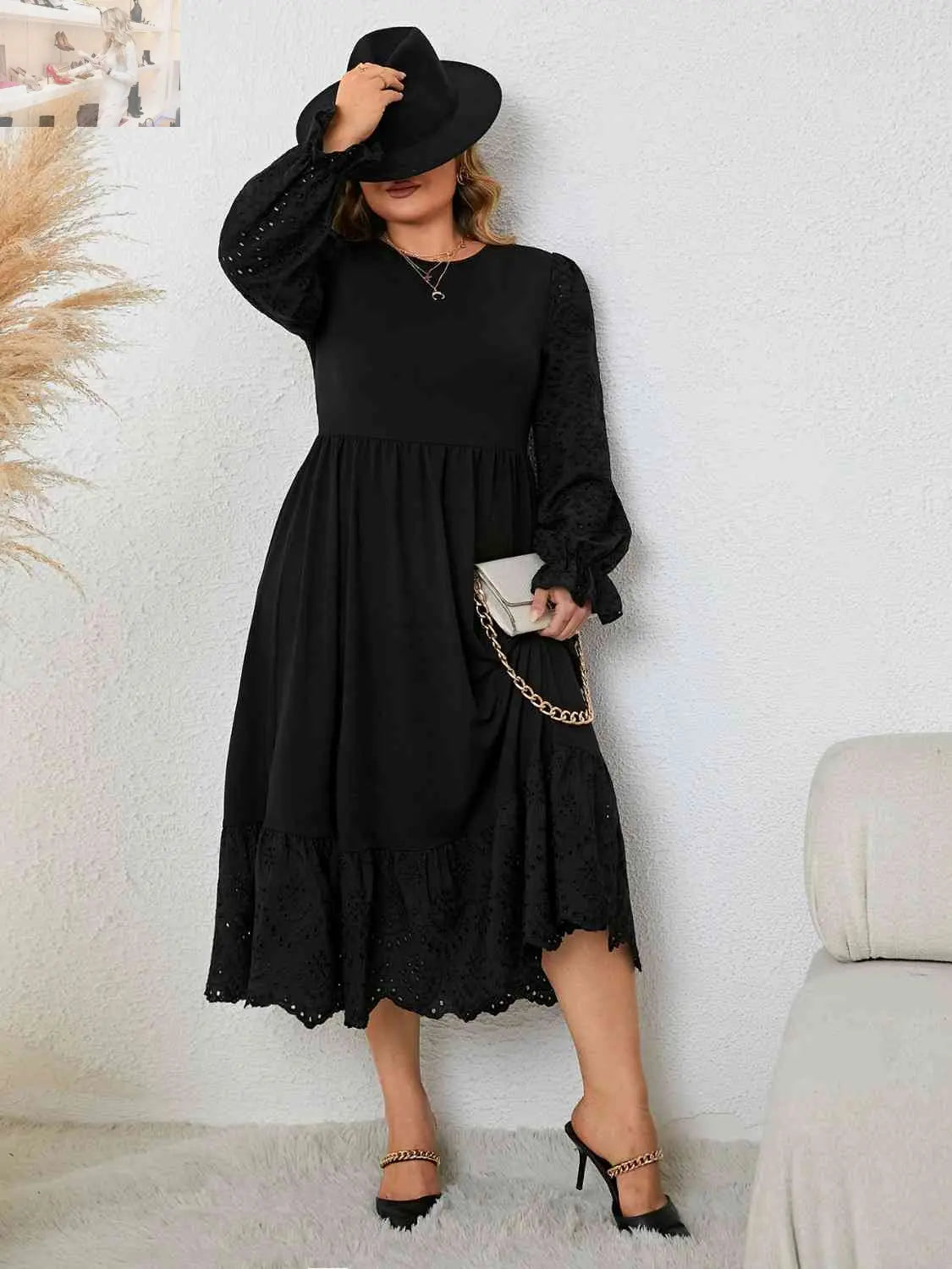 Plus Size Flounce Sleeve Lace Detail Dress - MegaSuperStar