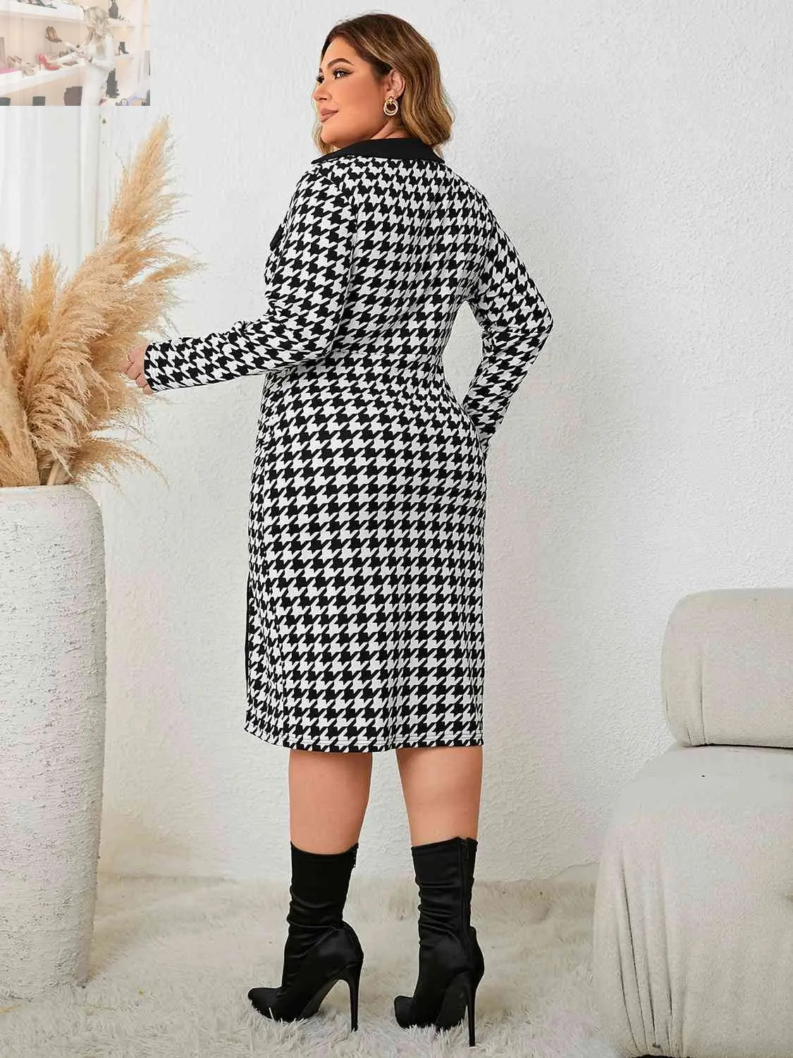 Plus Size Houndstooth Long Sleeve Slit Dress - MegaSuperStar