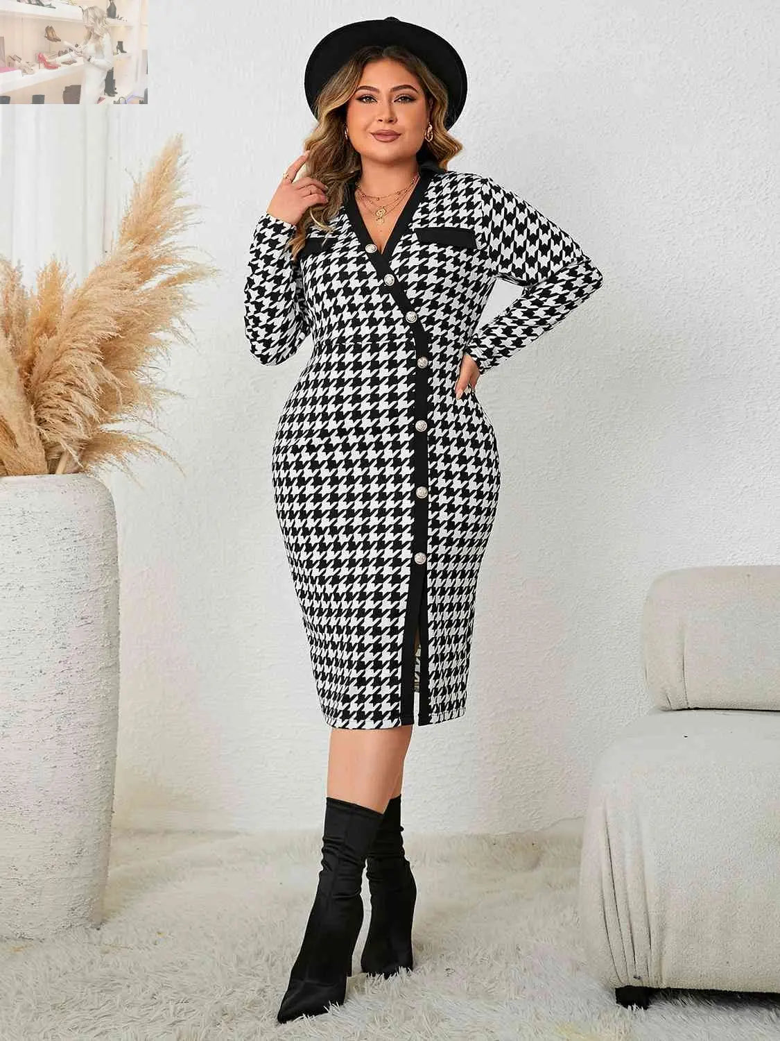 Plus Size Houndstooth Long Sleeve Slit Dress - MegaSuperStar