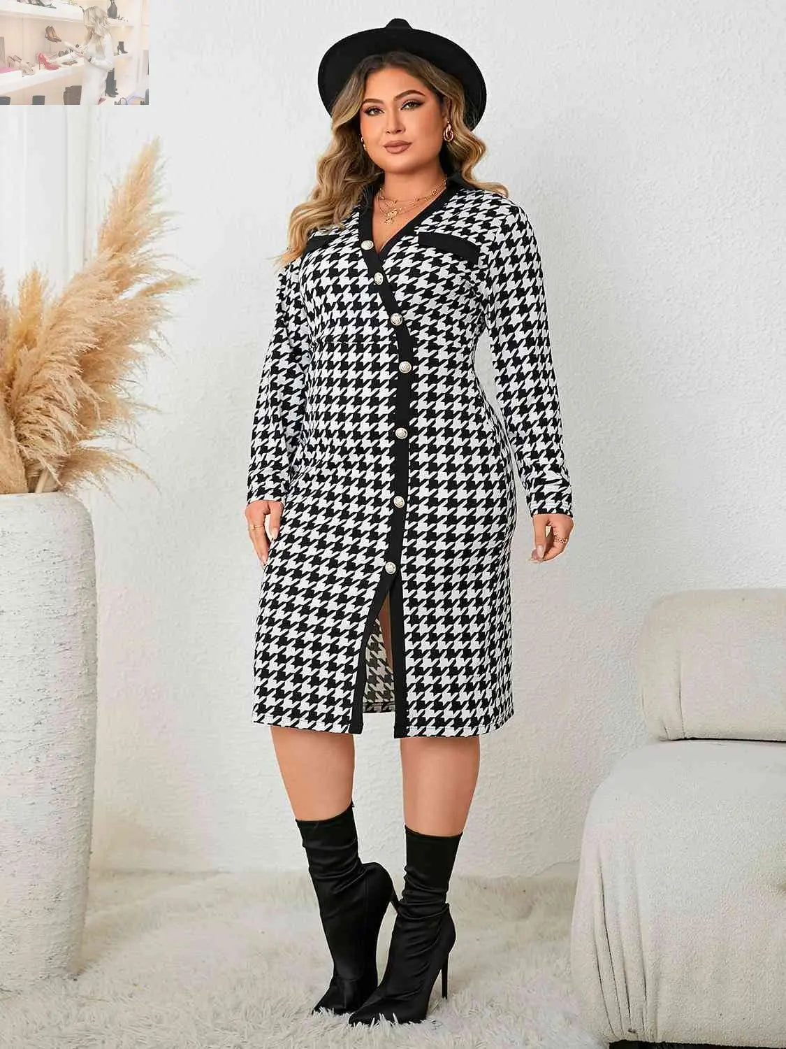 Plus Size Houndstooth Long Sleeve Slit Dress - MegaSuperStar