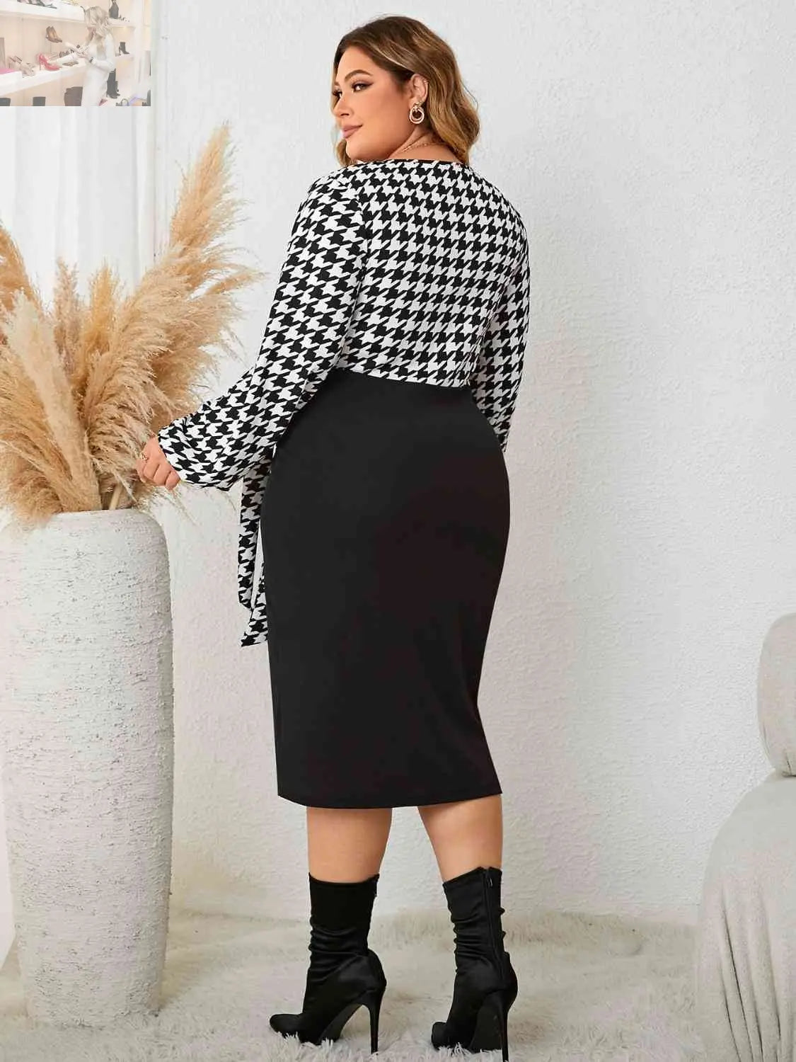 Plus Size Houndstooth Tied Long Sleeve Dress - MegaSuperStar