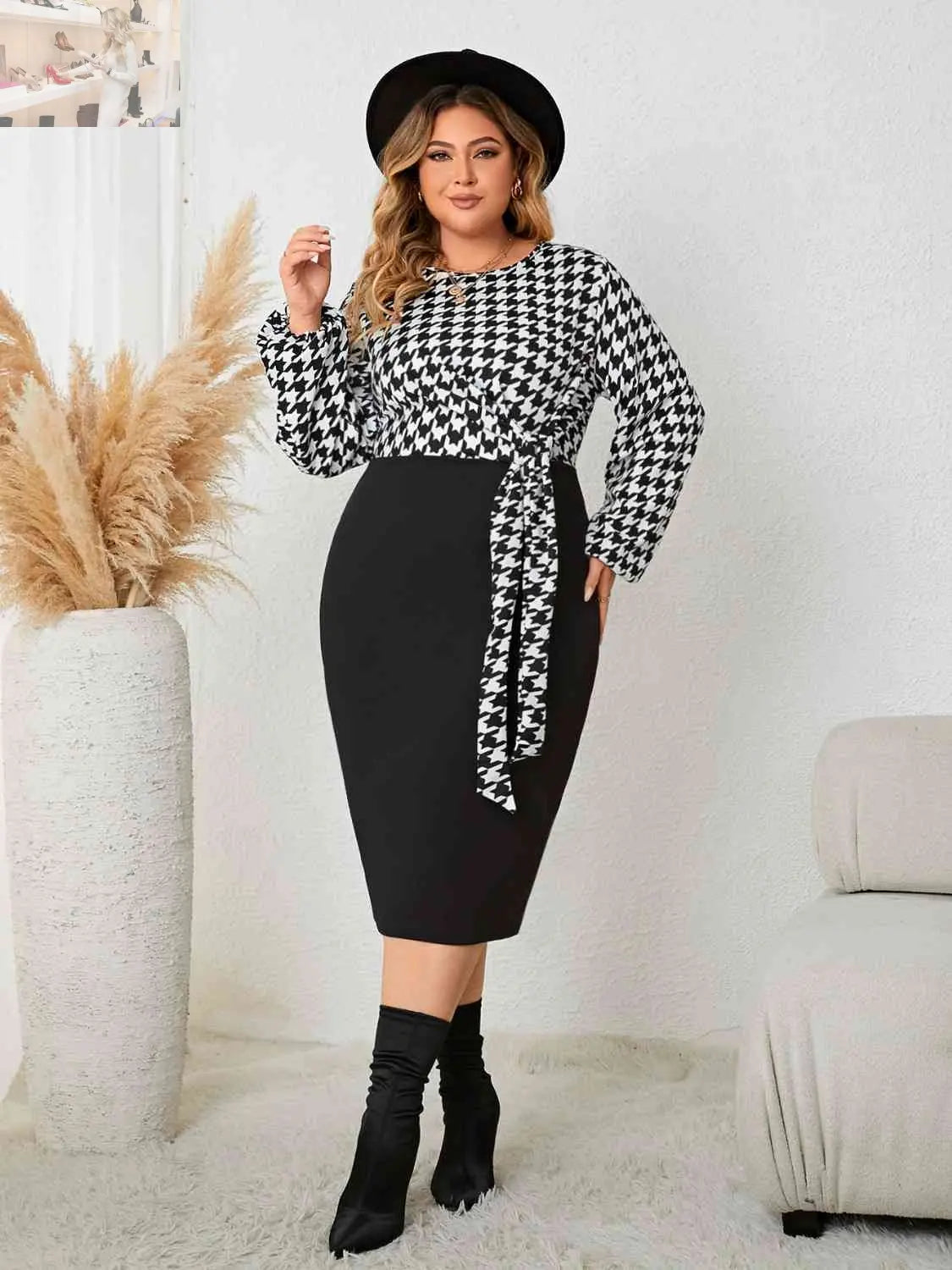 Plus Size Houndstooth Tied Long Sleeve Dress - MegaSuperStar