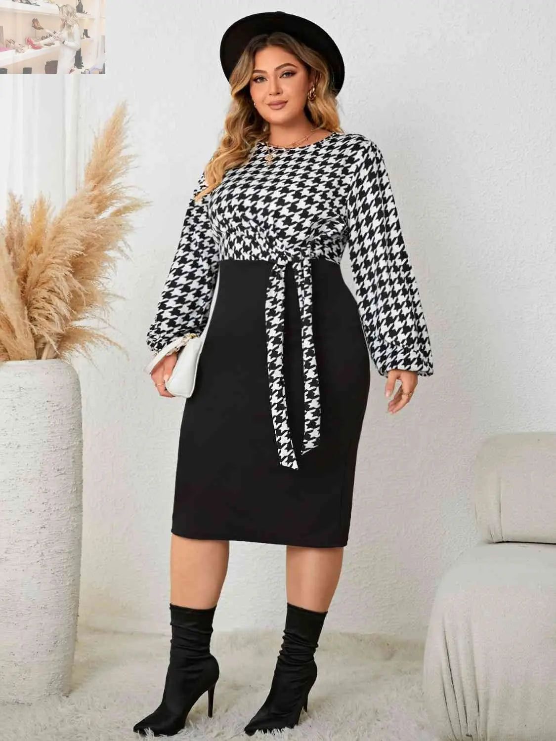 Plus Size Houndstooth Tied Long Sleeve Dress - MegaSuperStar