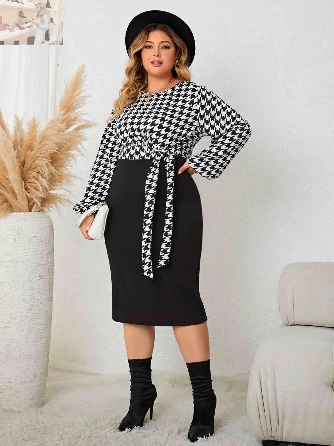 Plus Size Houndstooth Tied Long Sleeve Dress - MegaSuperStar