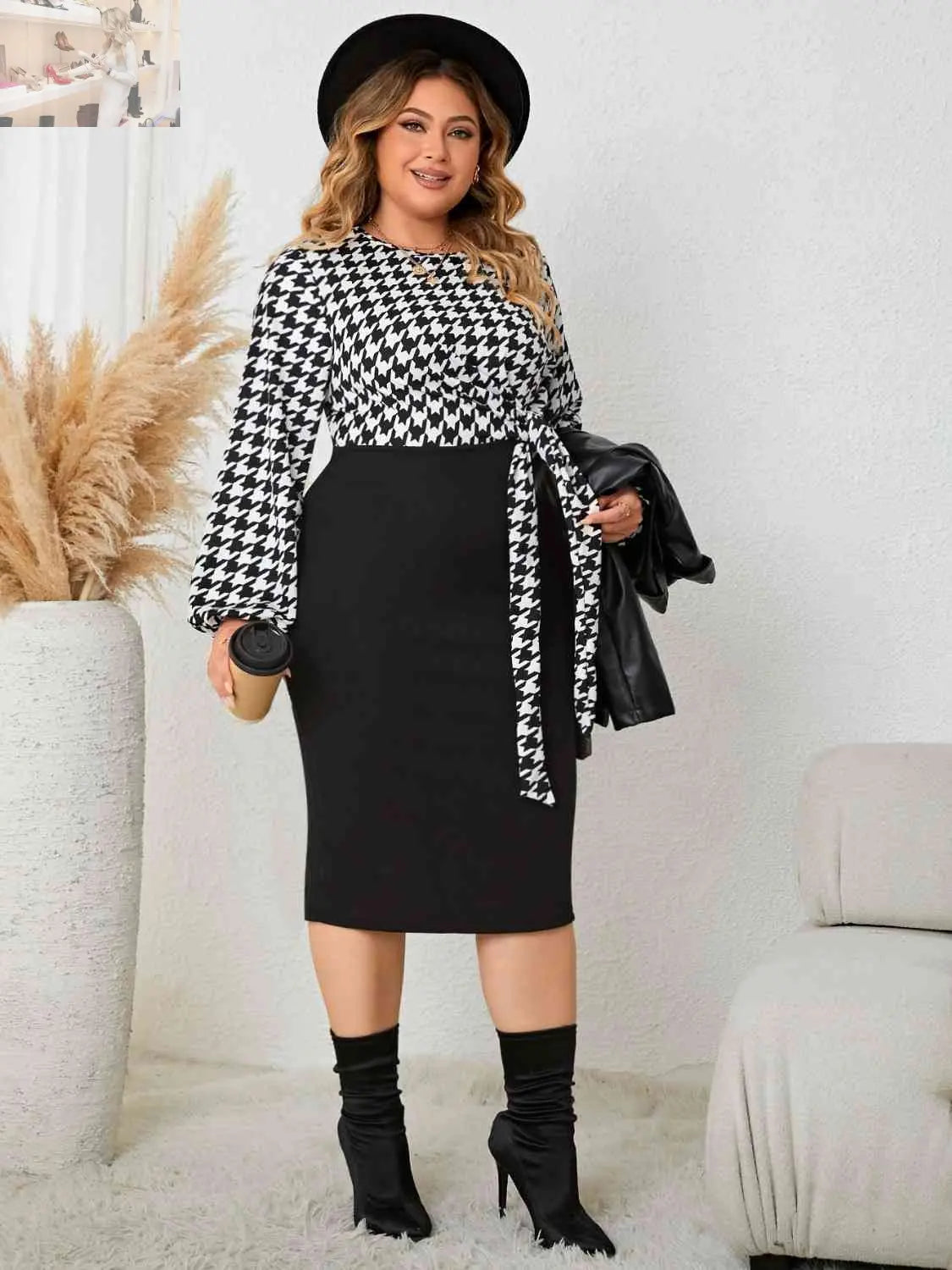 Plus Size Houndstooth Tied Long Sleeve Dress - MegaSuperStar