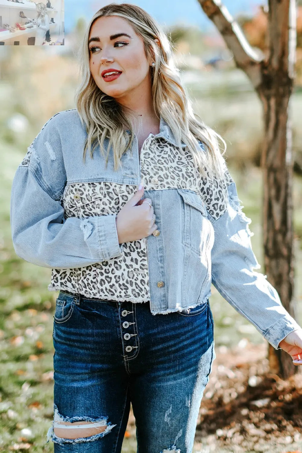 Plus Size Leopard Raw Hem Distressed Spliced Denim Jacket - MegaSuperStar