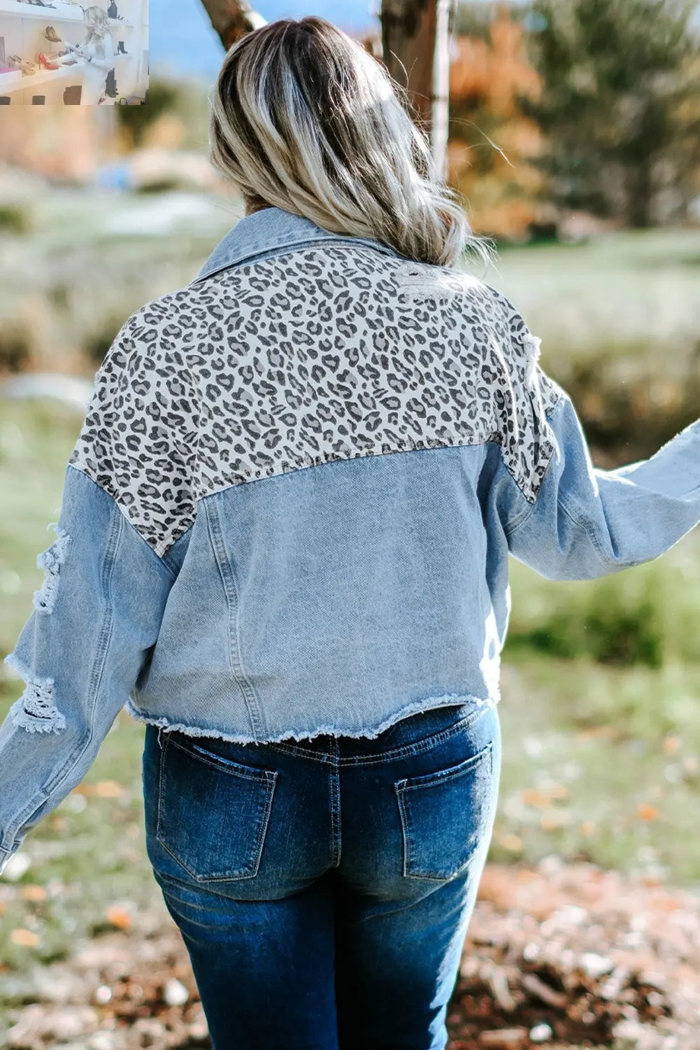 Plus Size Leopard Raw Hem Distressed Spliced Denim Jacket - MegaSuperStar