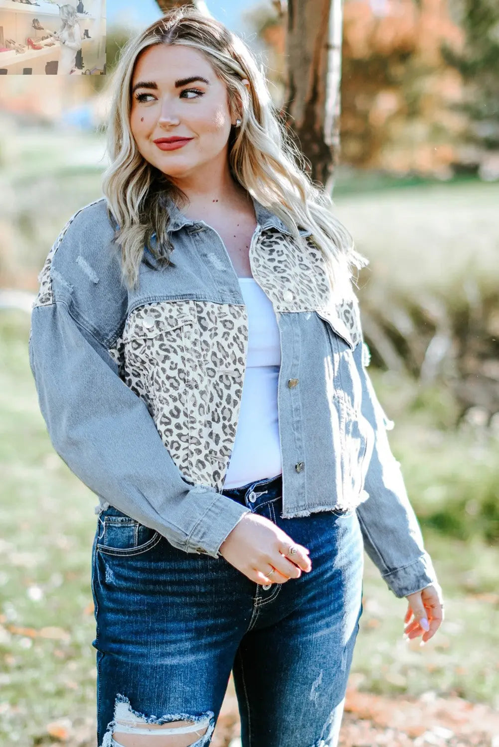 Plus Size Leopard Raw Hem Distressed Spliced Denim Jacket - MegaSuperStar