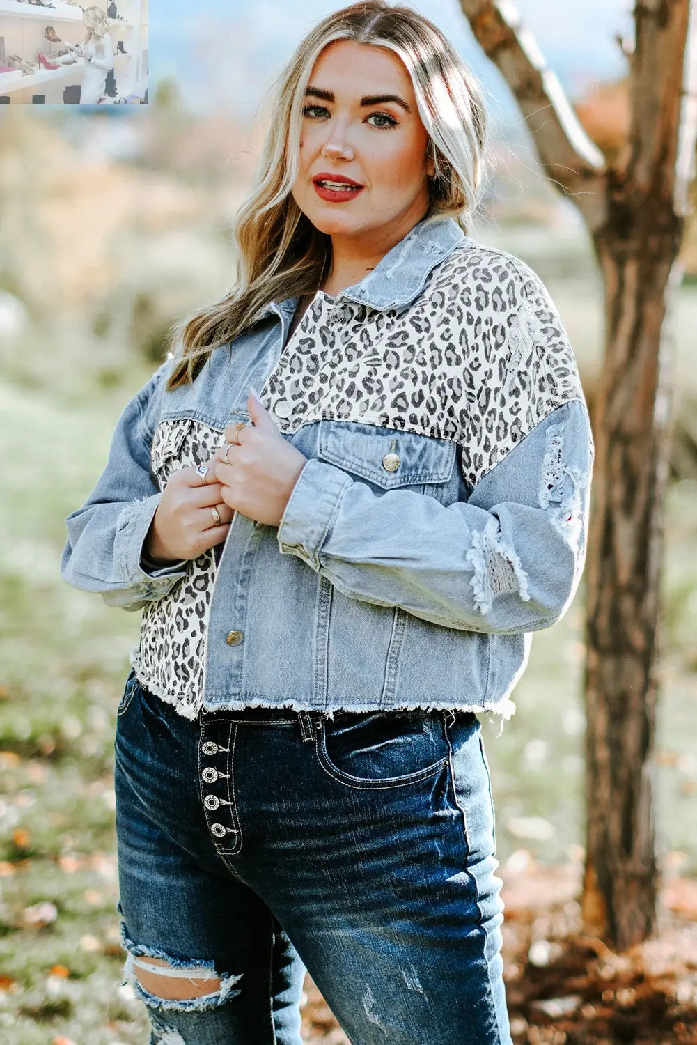 Plus Size Leopard Raw Hem Distressed Spliced Denim Jacket - MegaSuperStar