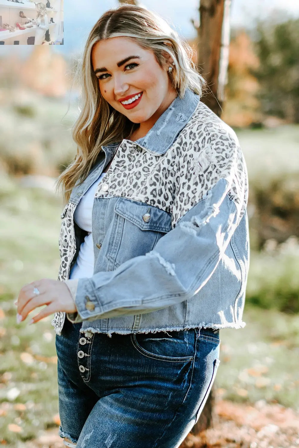 Plus Size Leopard Raw Hem Distressed Spliced Denim Jacket - MegaSuperStar