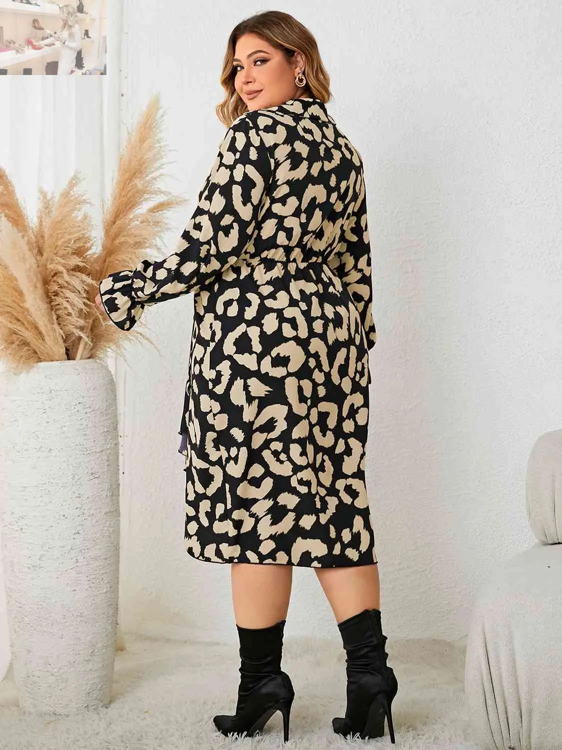 Plus Size Leopard Surplice Neck Flounce Sleeve Dress - MegaSuperStar