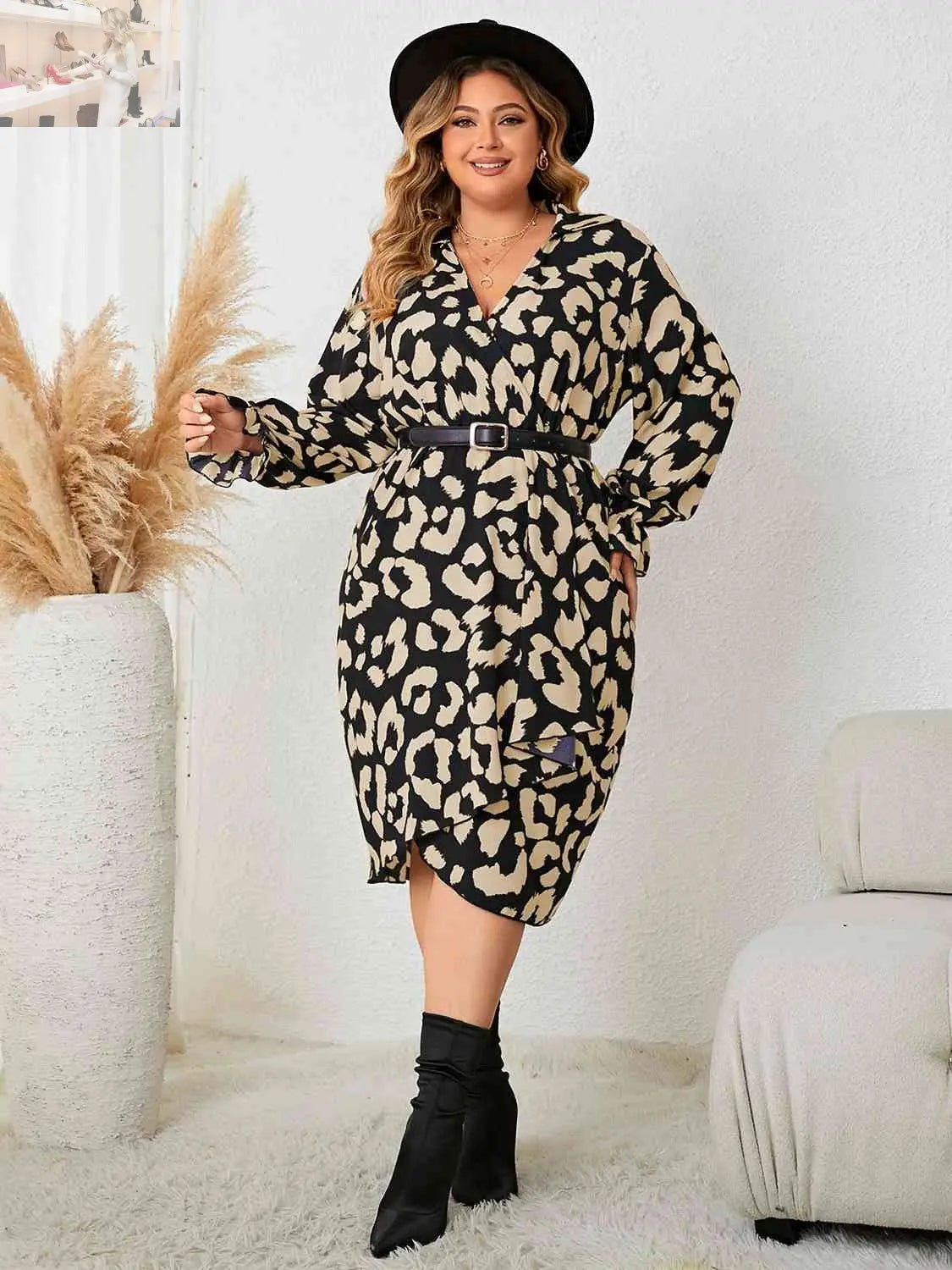 Plus Size Leopard Surplice Neck Flounce Sleeve Dress - MegaSuperStar