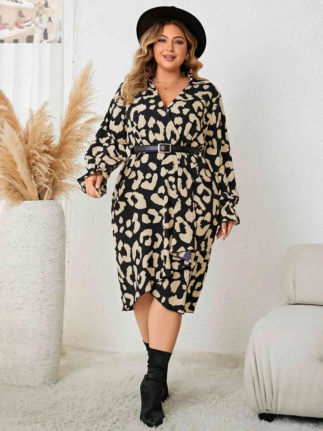 Plus Size Leopard Surplice Neck Flounce Sleeve Dress - MegaSuperStar