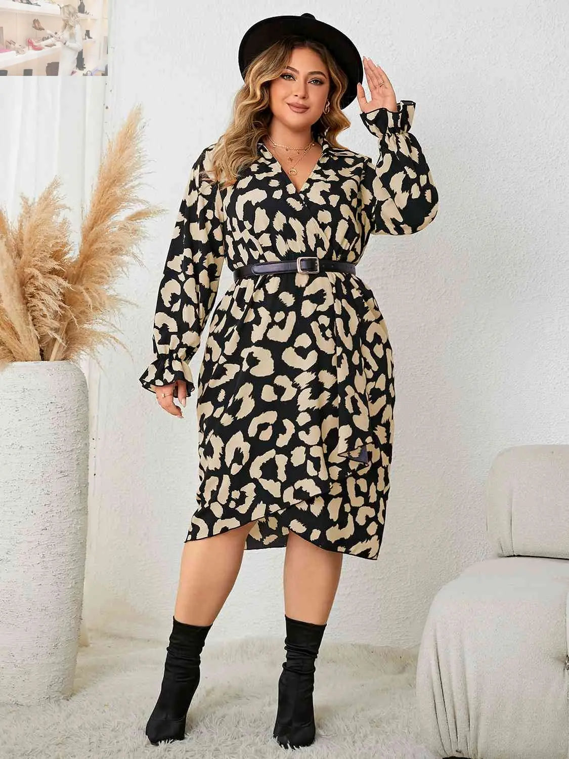 Plus Size Leopard Surplice Neck Flounce Sleeve Dress - MegaSuperStar