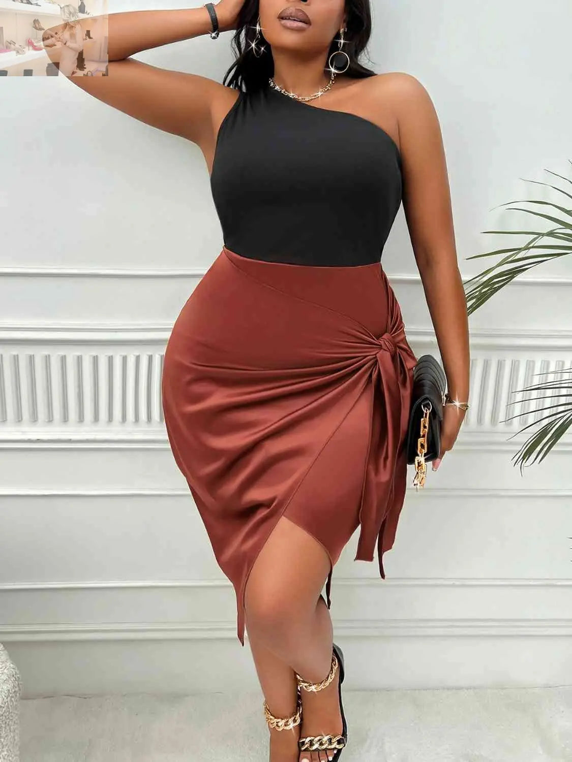 Plus Size One-Shoulder Sleeveless Tied Dress - MegaSuperStar