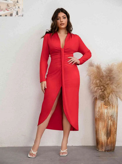 Plus Size Plunge Ruched Slit Dress - MegaSuperStar