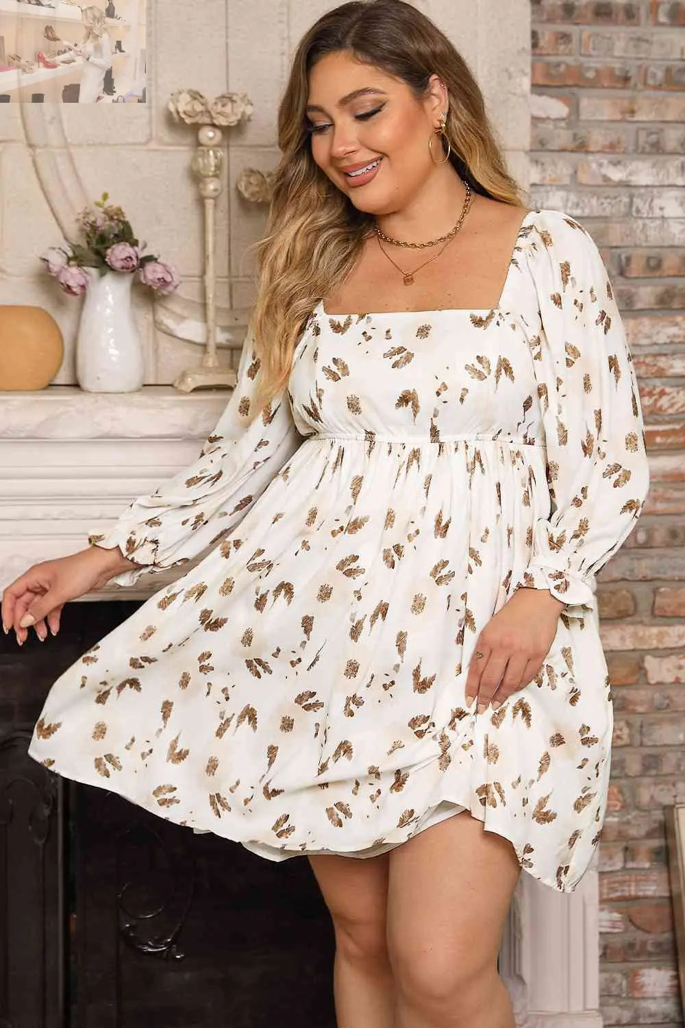 Plus Size Printed Square Neck Mini Dress - MegaSuperStar