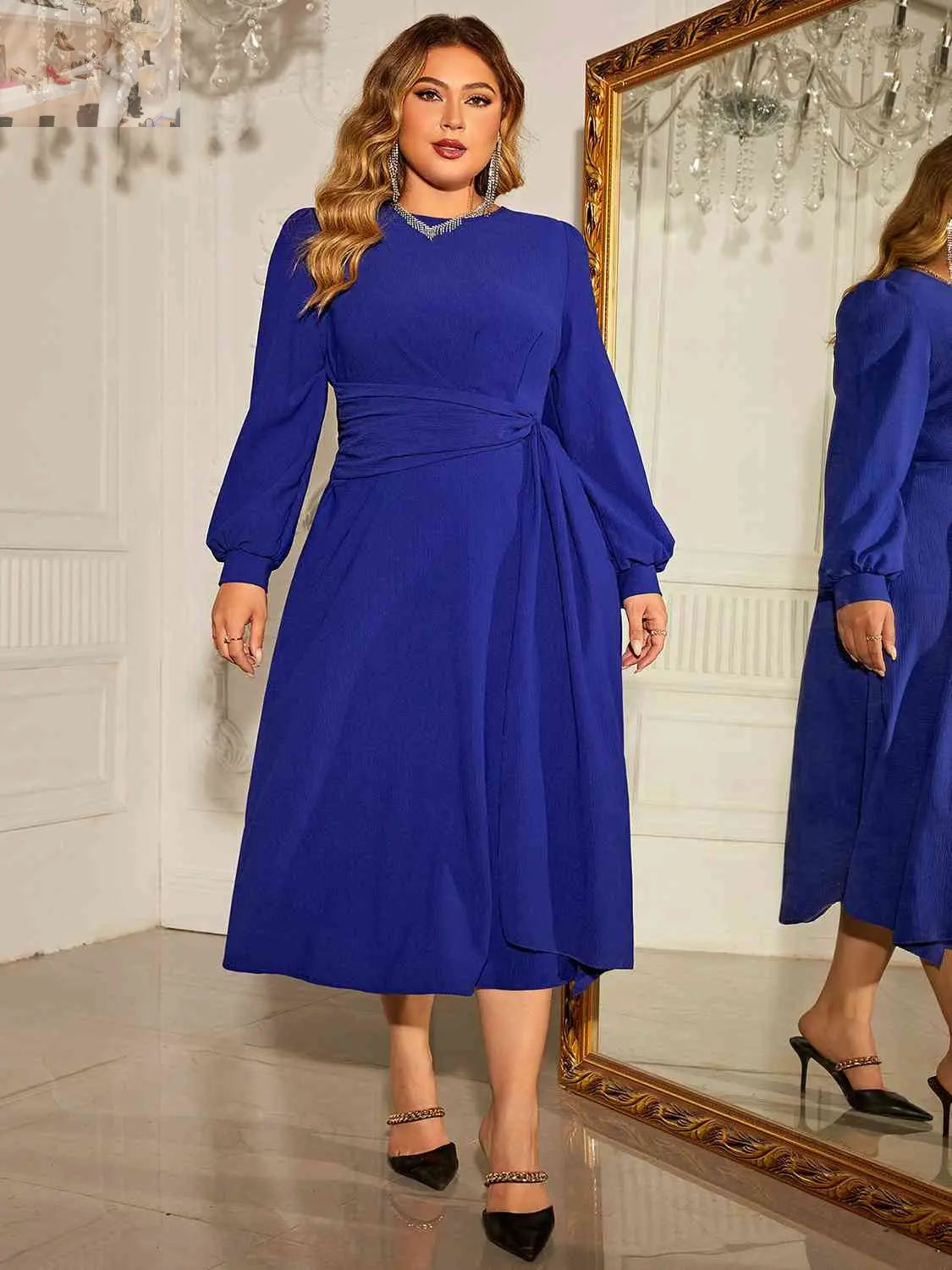 Plus Size Round Neck Long Sleeve Dress - MegaSuperStar