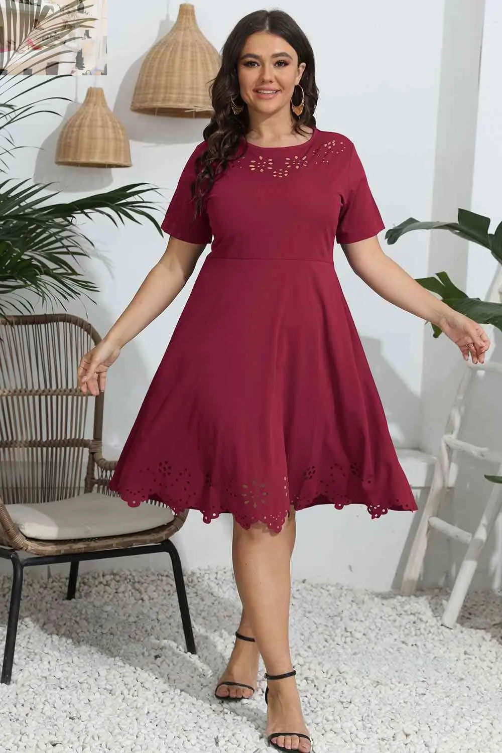 Plus Size Round Neck Openwork Dress - MegaSuperStar