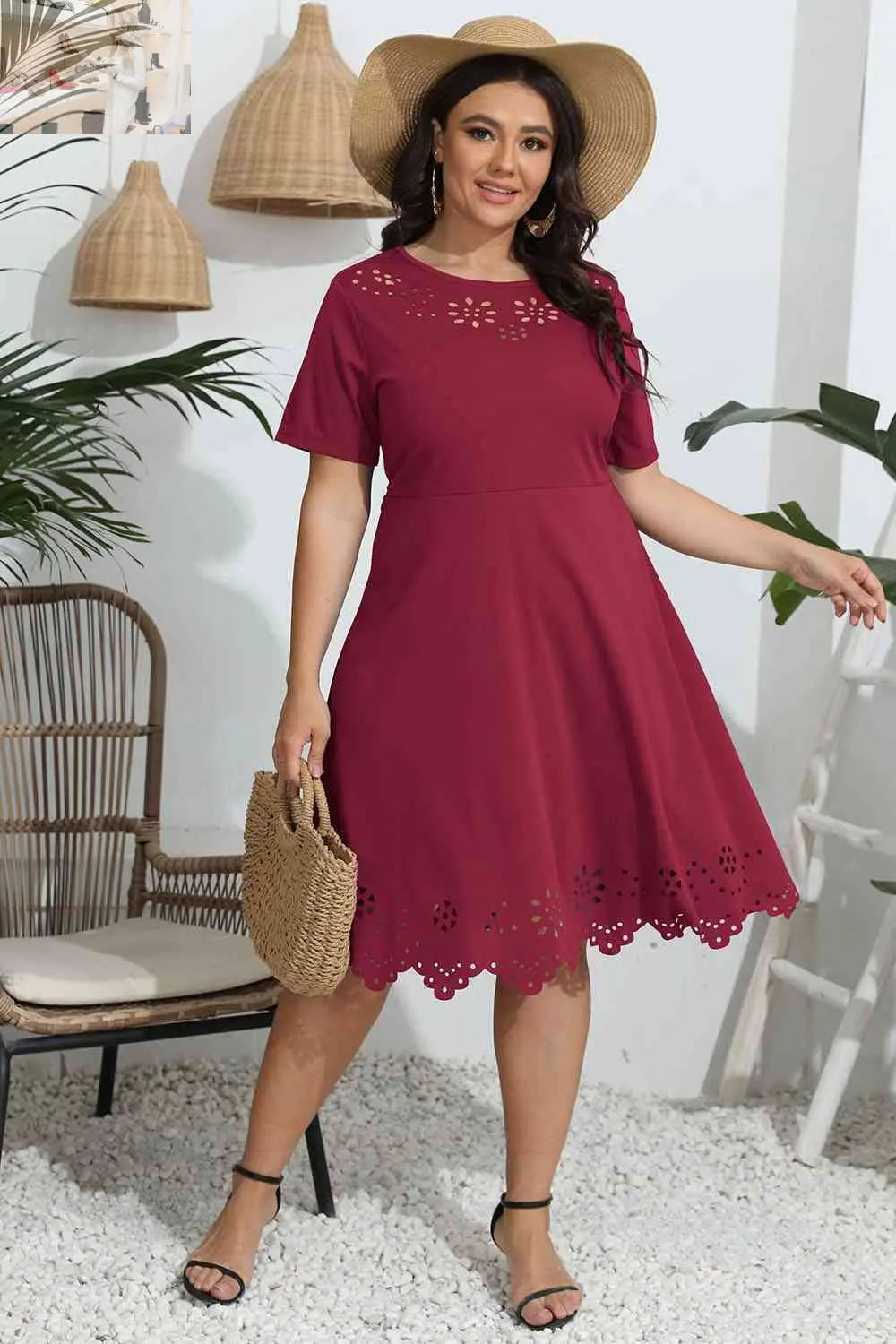 Plus Size Round Neck Openwork Dress - MegaSuperStar