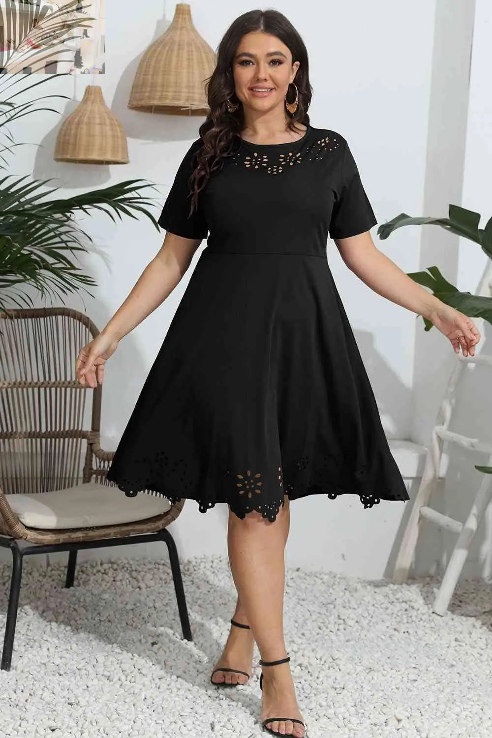 Plus Size Round Neck Openwork Dress - MegaSuperStar