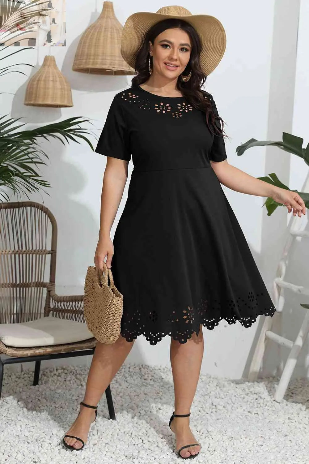 Plus Size Round Neck Openwork Dress - MegaSuperStar