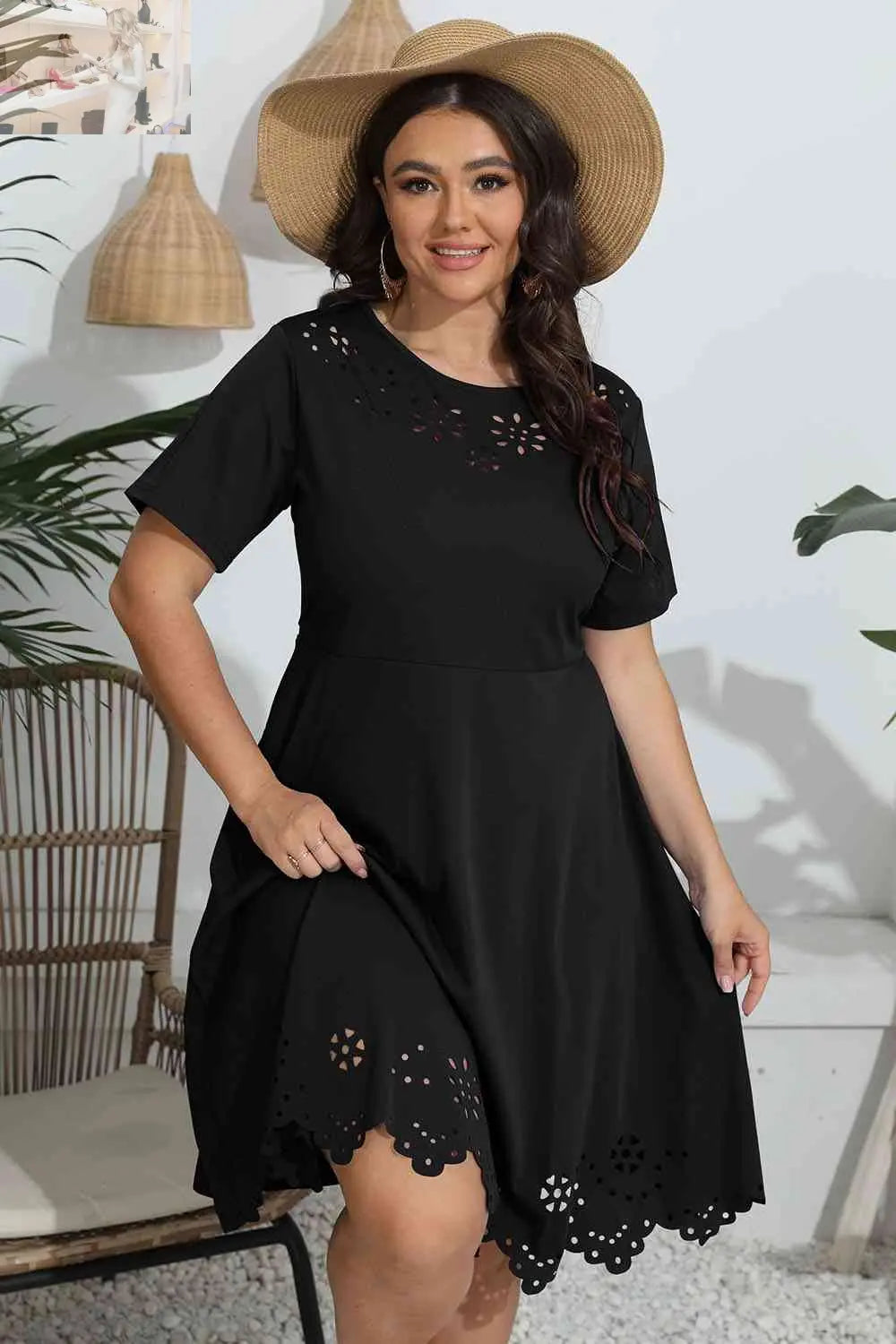 Plus Size Round Neck Openwork Dress - MegaSuperStar