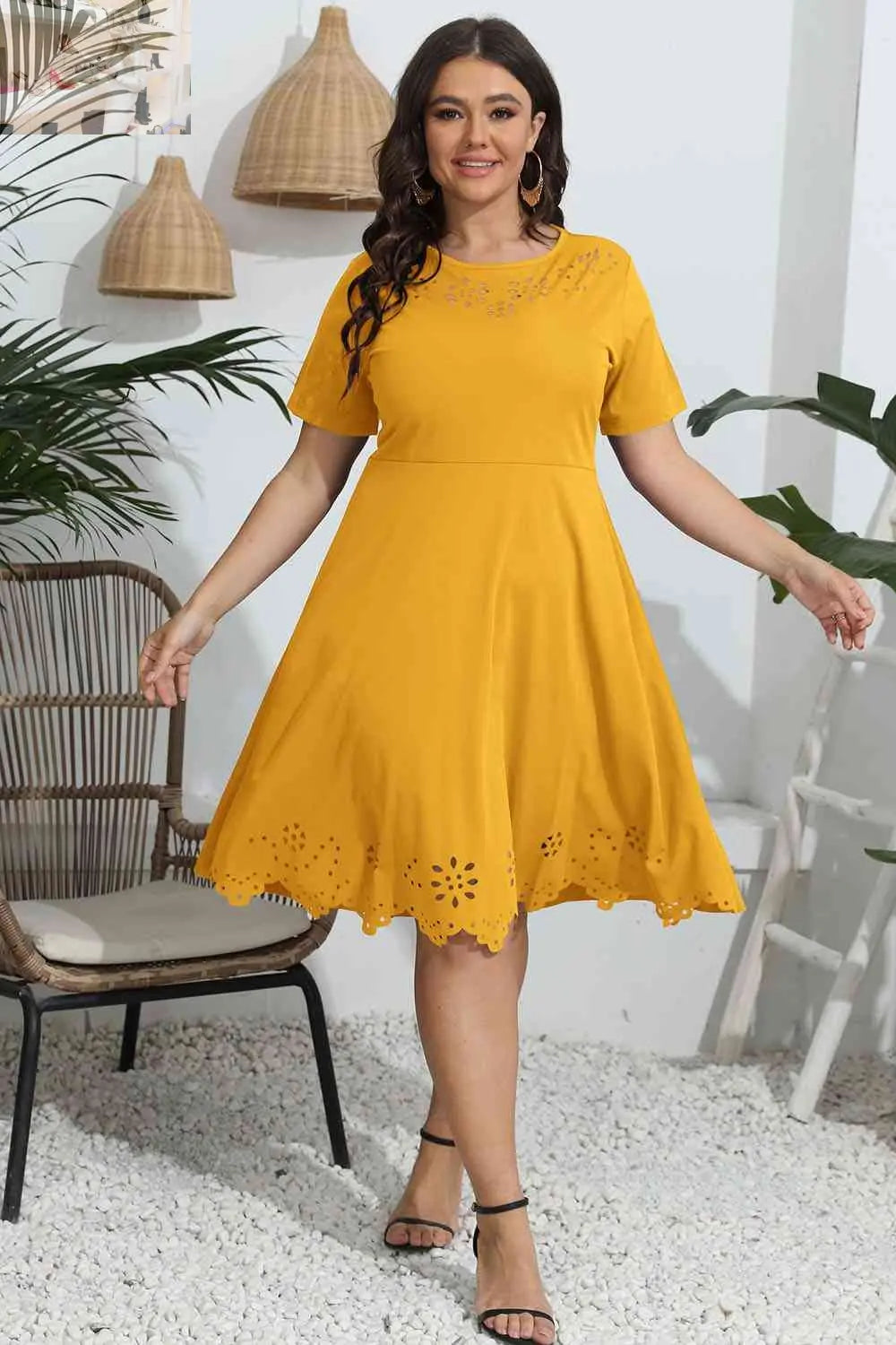 Plus Size Round Neck Openwork Dress - MegaSuperStar