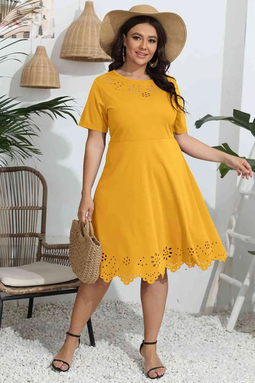 Plus Size Round Neck Openwork Dress - MegaSuperStar