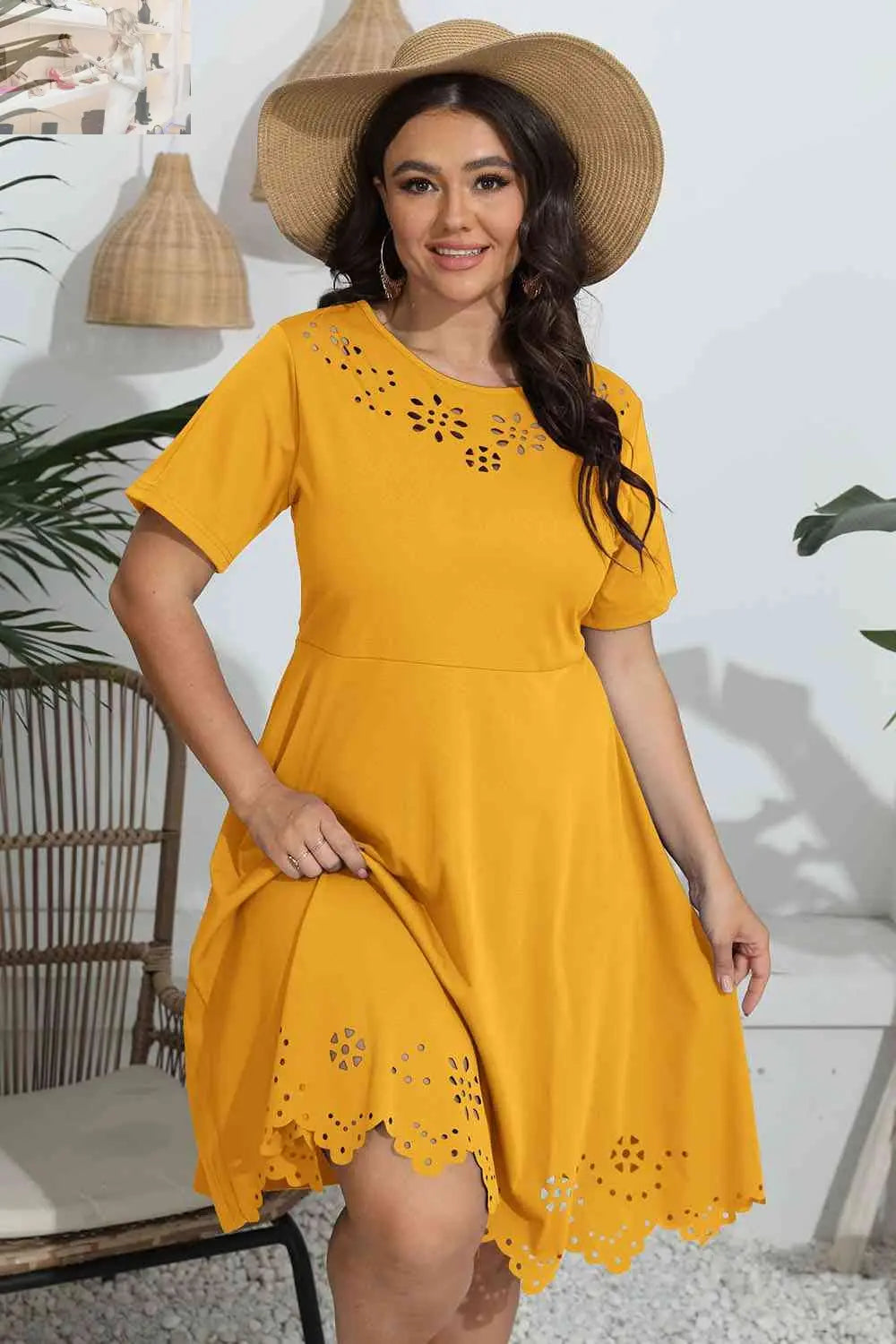 Plus Size Round Neck Openwork Dress - MegaSuperStar