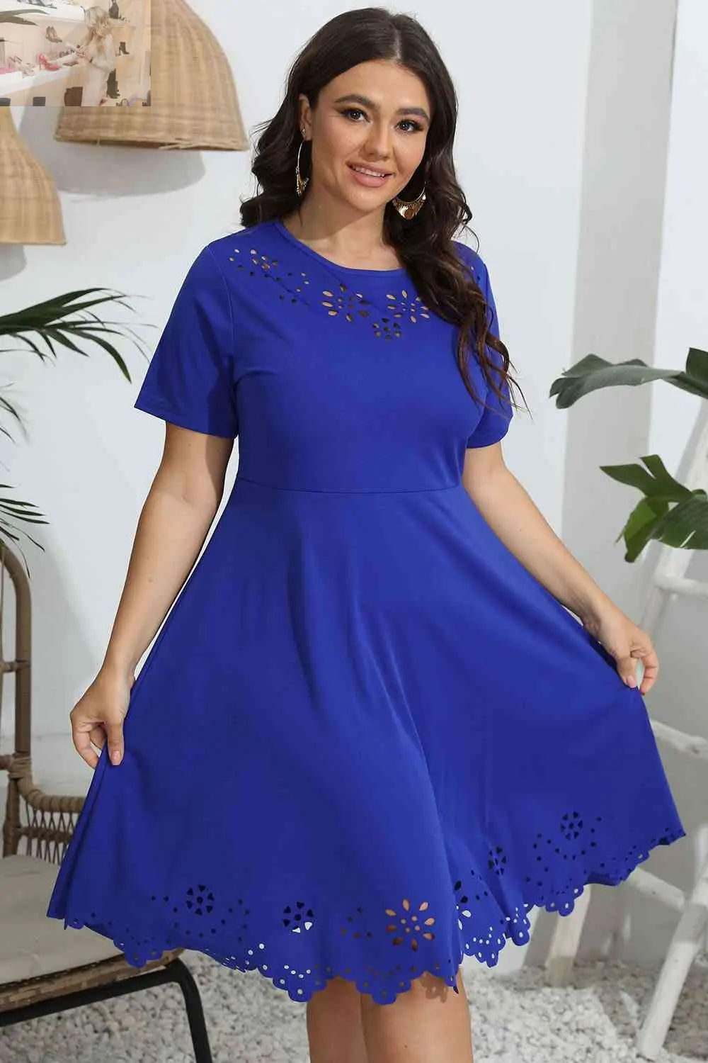 Plus Size Round Neck Openwork Dress - MegaSuperStar