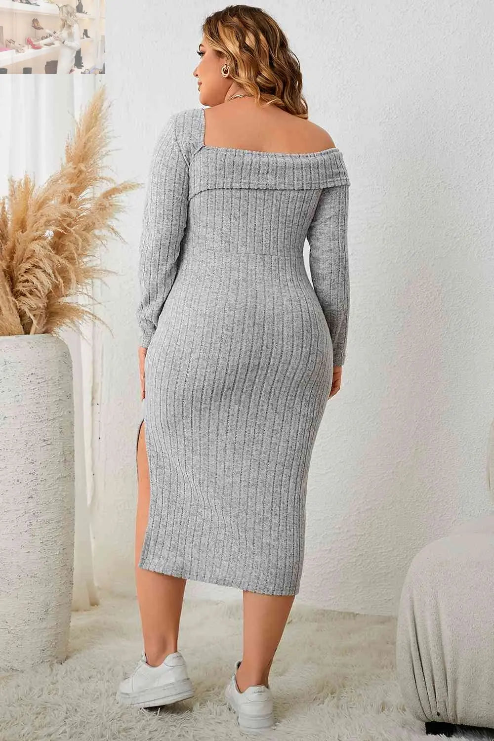 Plus Size Square Neck Long Sleeve Slit Dress - MegaSuperStar