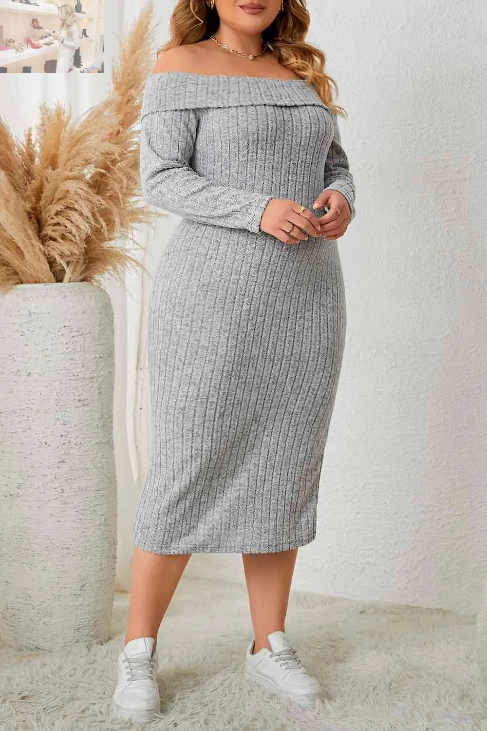 Plus Size Square Neck Long Sleeve Slit Dress - MegaSuperStar