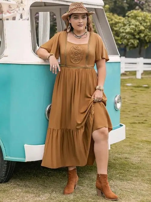 Plus Size Square Neck Short Sleeve Ruffle Hem Dress - MegaSuperStar