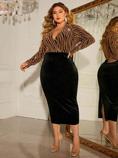 Plus Size Surplice Neck Long Sleeve Slit Dress - MegaSuperStar