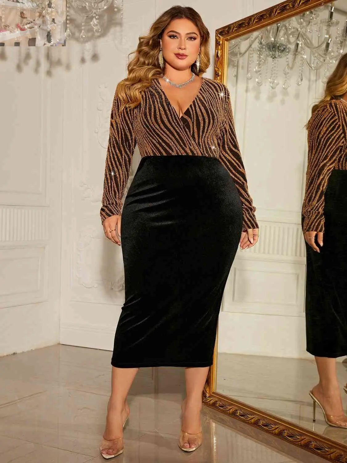 Plus Size Surplice Neck Long Sleeve Slit Dress - MegaSuperStar