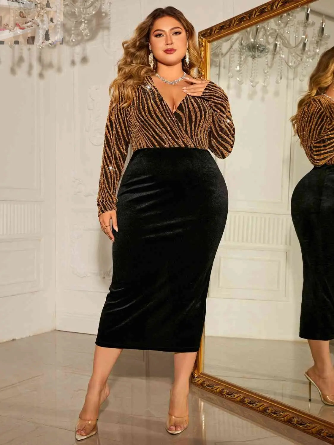 Plus Size Surplice Neck Long Sleeve Slit Dress - MegaSuperStar