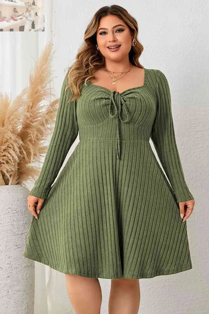 Plus Size Sweetheart Neck Long Sleeve Ribbed Dress - MegaSuperStar